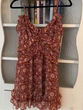 Floral Rust-Red Ruffled Spaghetti Strap Dress